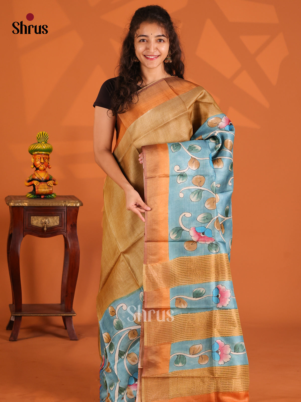 Brown & Blue- Tussar Saree - Shop on Shrus.com