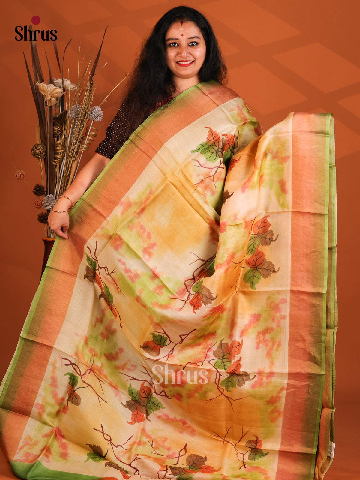 Cream & Green - Tussar Saree - Shop on Shrus.com