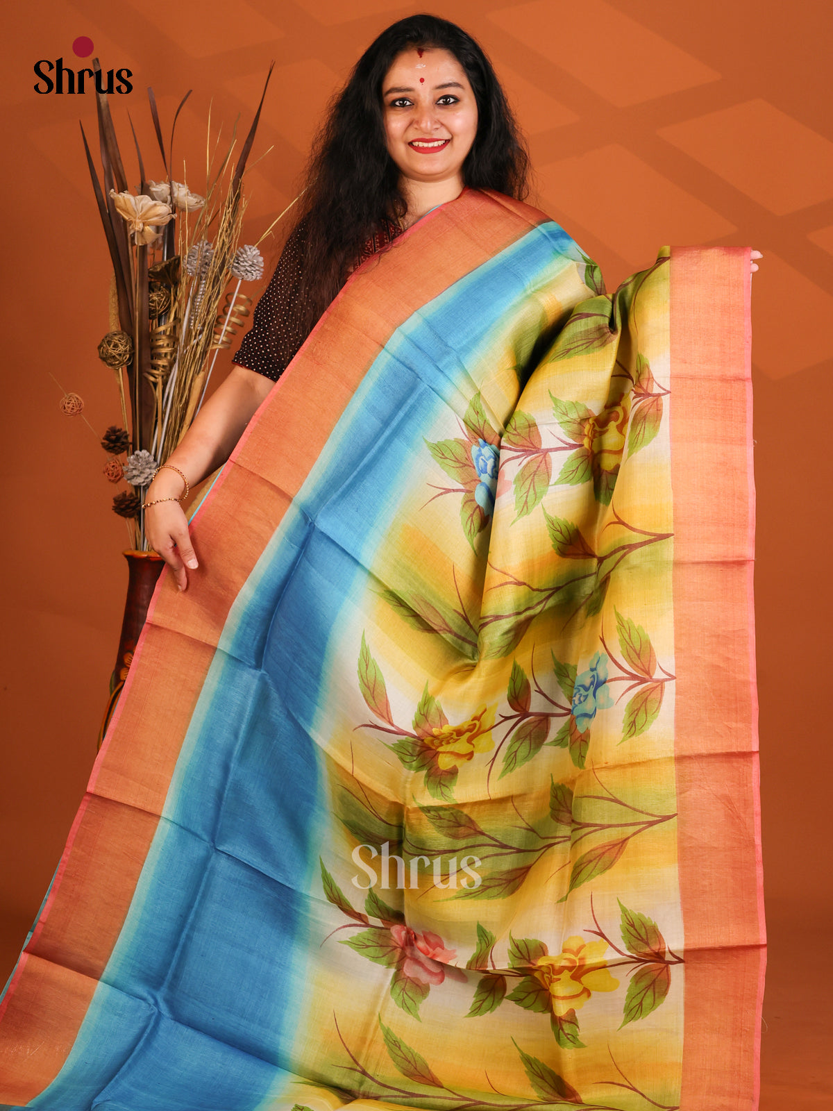 Blue & Mustard - Tussar Saree - Shop on Shrus.com