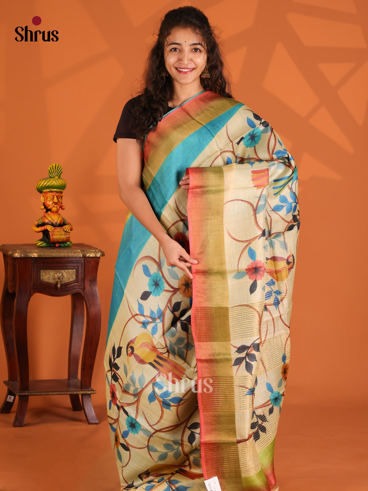 Blue & Cream - Tussar Saree - Shop on Shrus.com