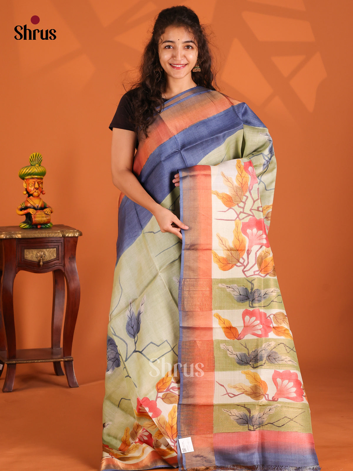 Blue & Light Green- Tussar Saree - Shop on Shrus.com