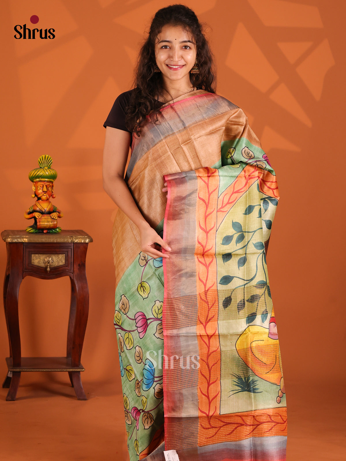 Brown & Green- Tussar Saree - Shop on Shrus.com