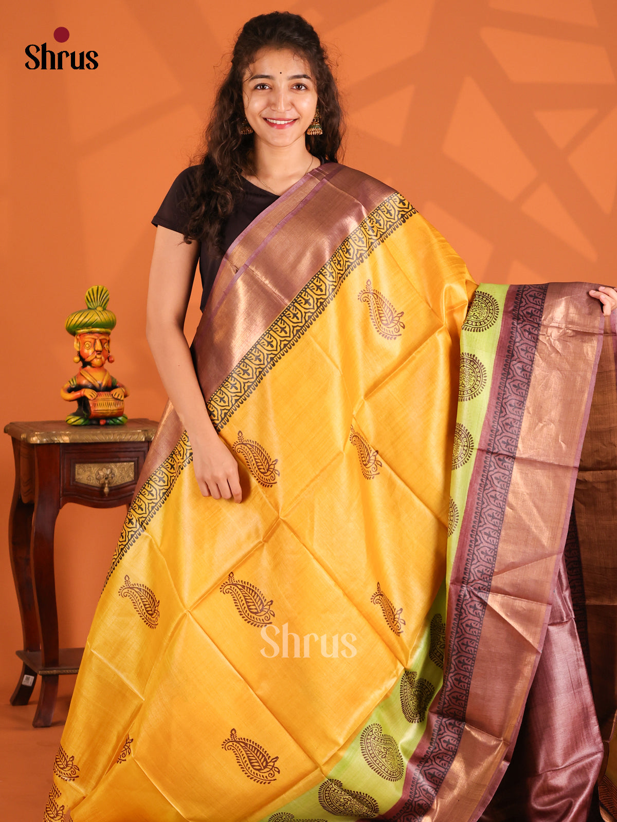 Yellow & Brown - Tussar Saree - Shop on Shrus.com
