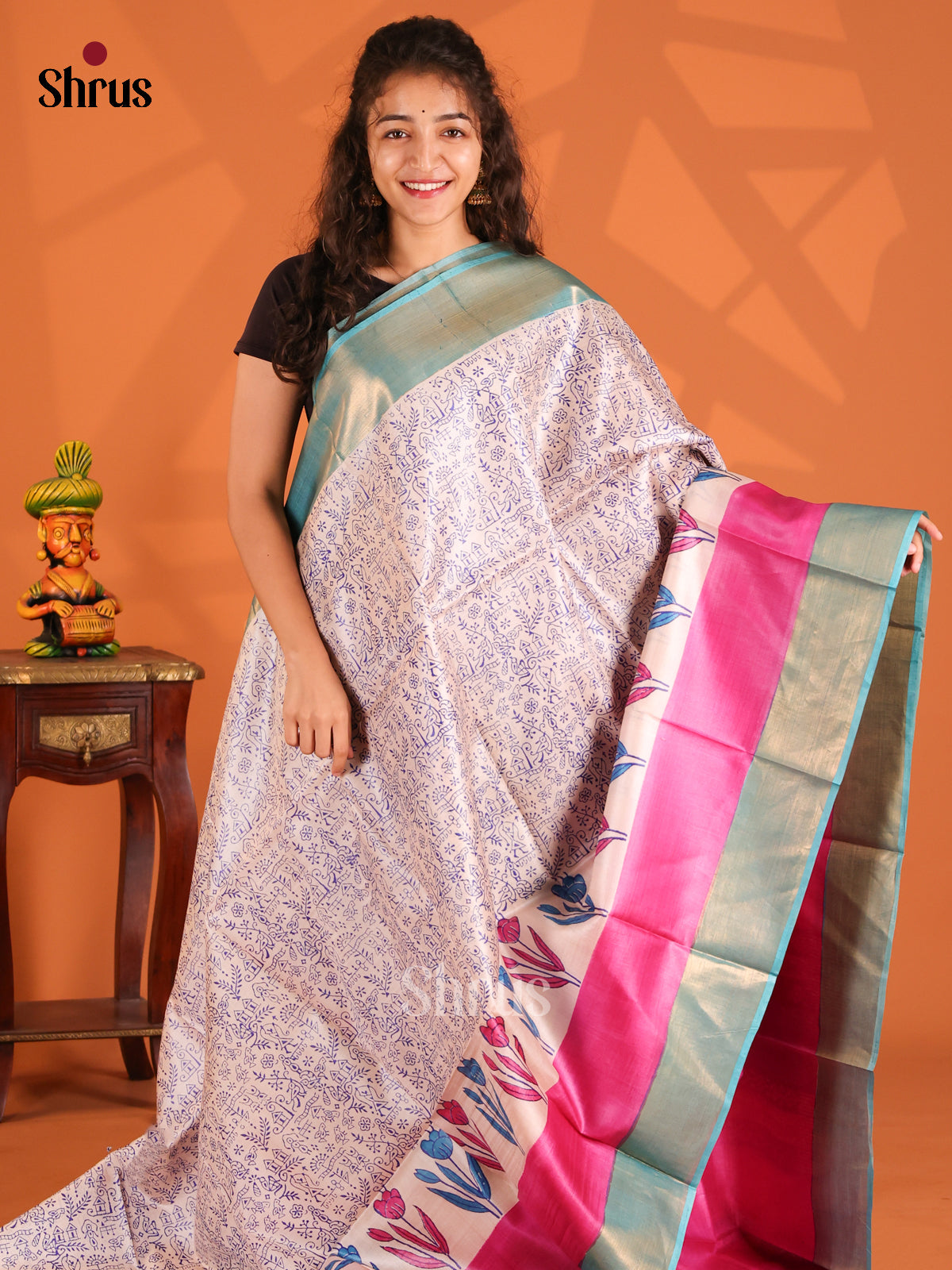 Cream & Pink - Tussar Saree - Shop on Shrus.com