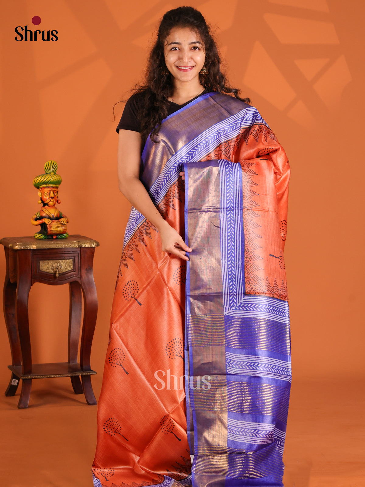 Orange & Blue- Tussar Saree - Shop on Shrus.com