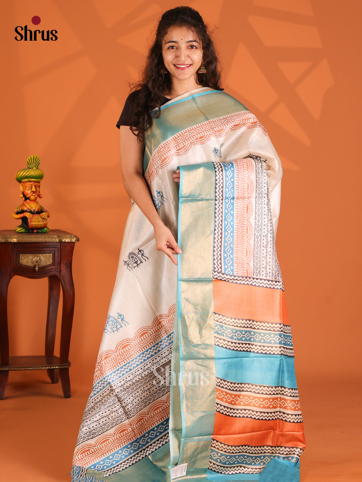 Cream & Blue - Tussar Saree - Shop on Shrus.com