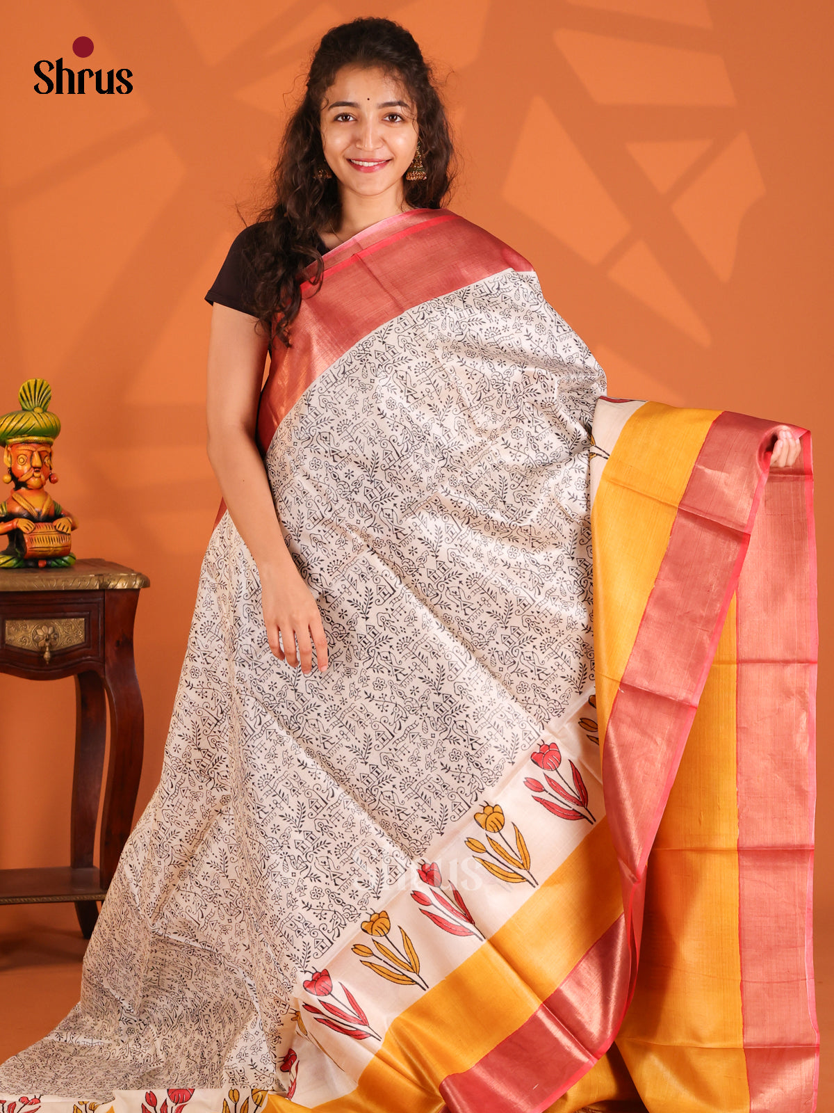 Cream & Mustard - Tussar Saree - Shop on Shrus.com