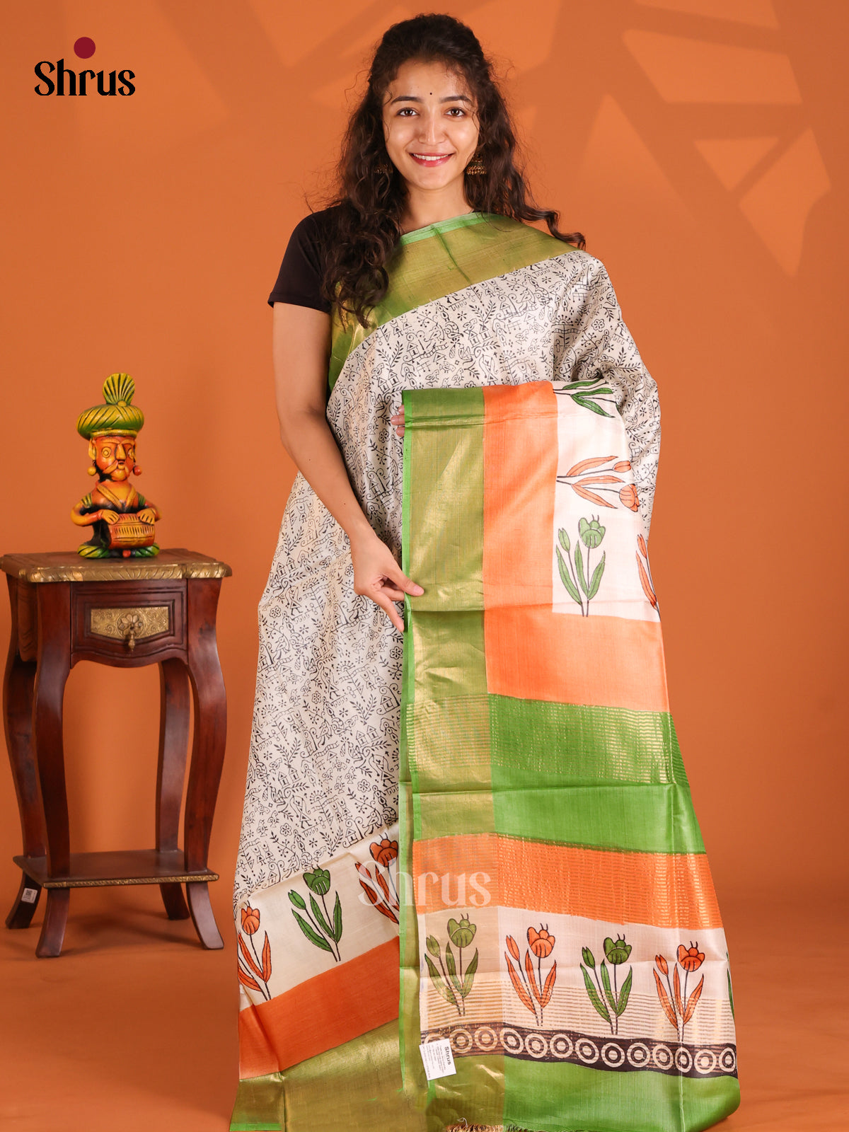 Cream & Orange- Tussar Saree - Shop on Shrus.com