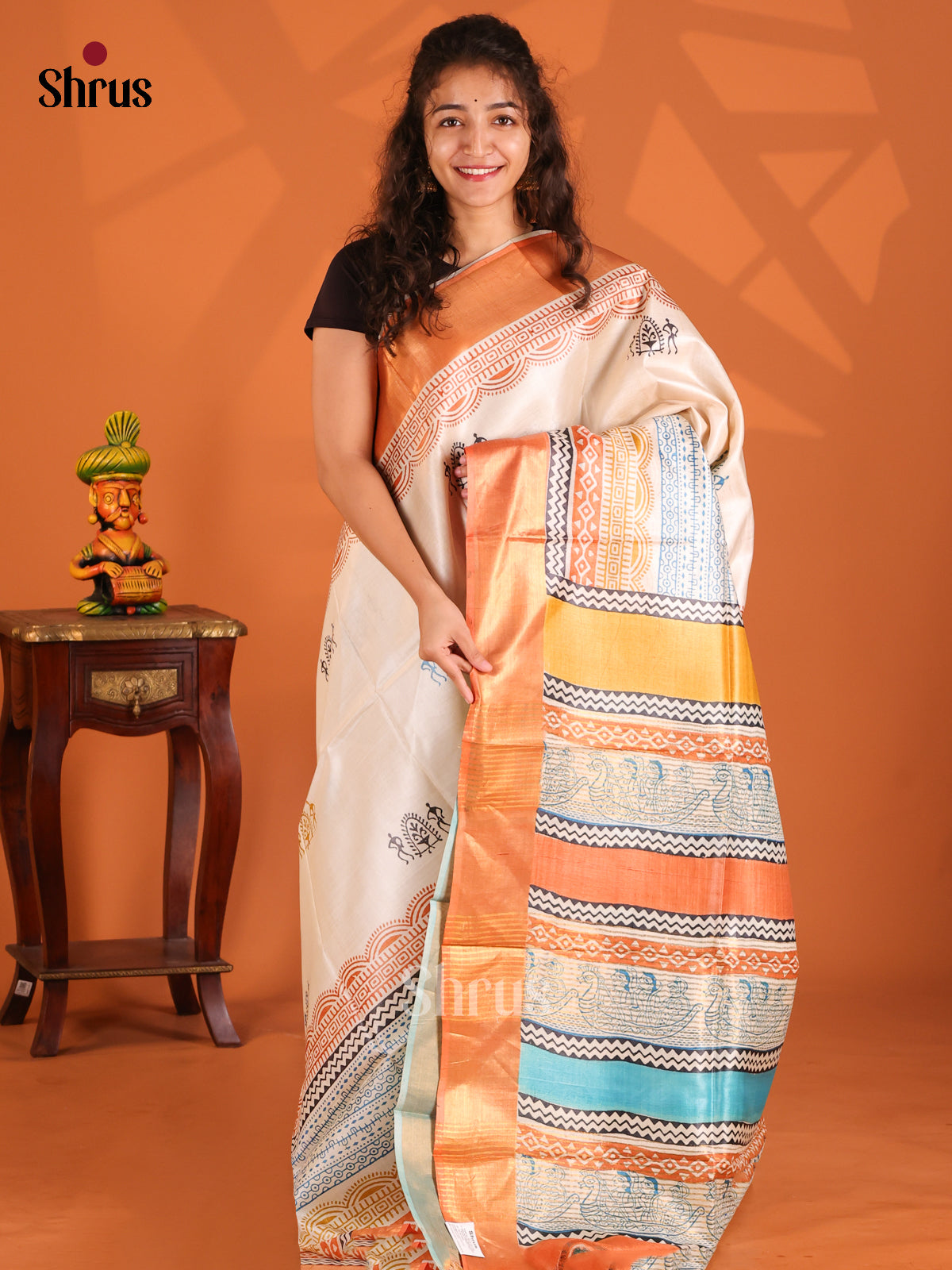 Cream & Blue- Tussar Saree - Shop on Shrus.com