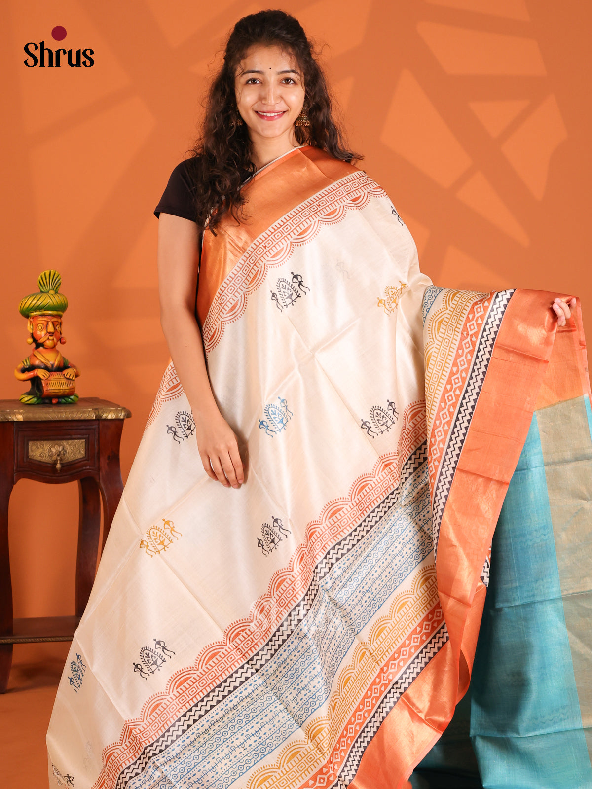 Cream & Blue- Tussar Saree - Shop on Shrus.com