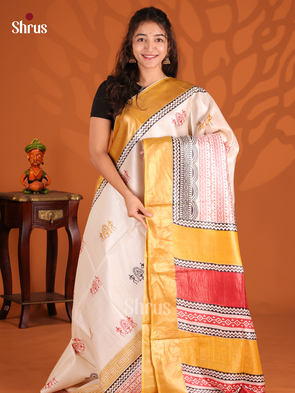 Cream & Red - Tussar Saree - Shop on Shrus.com