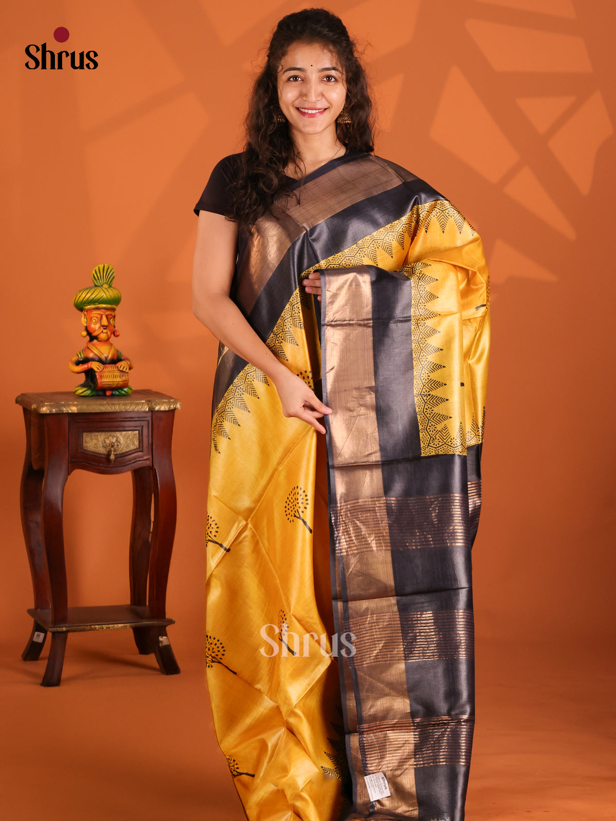 Yellow & Black - Tussar Saree - Shop on Shrus.com