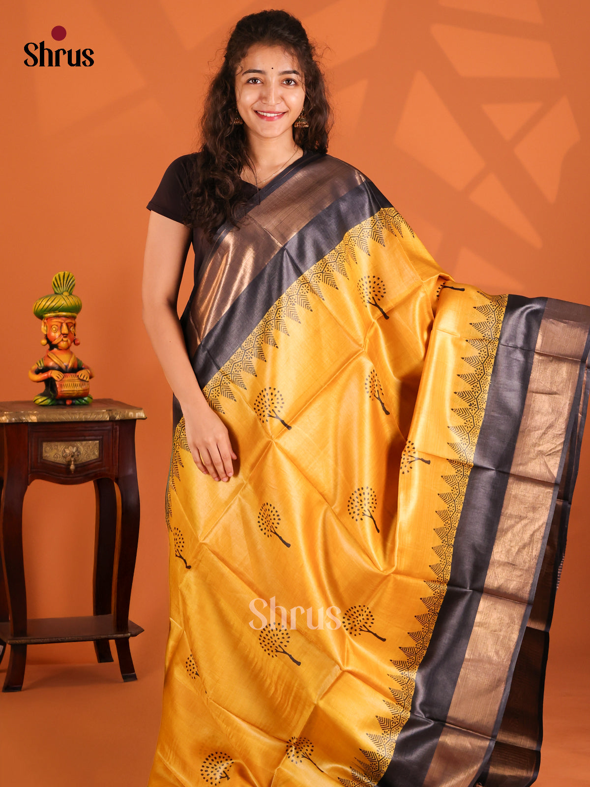Yellow & Black - Tussar Saree - Shop on Shrus.com