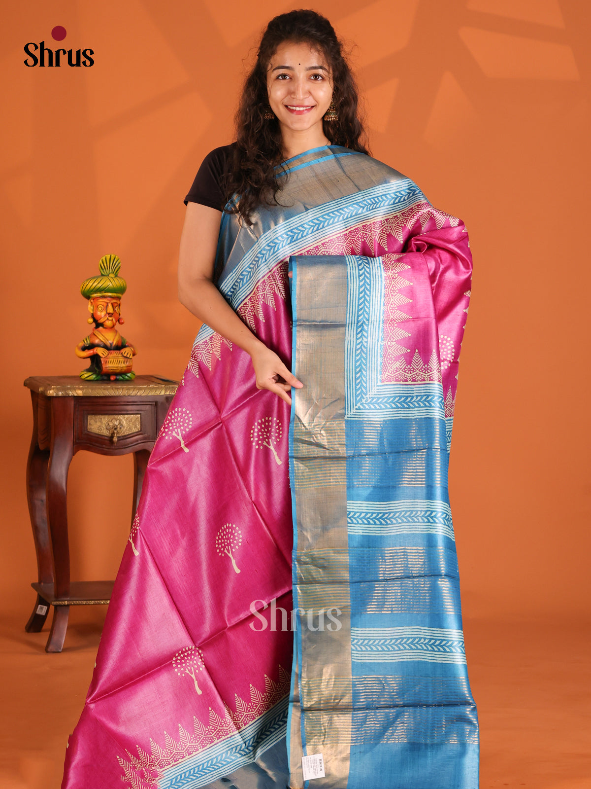 Pink & Blue - Tussar Saree - Shop on Shrus.com