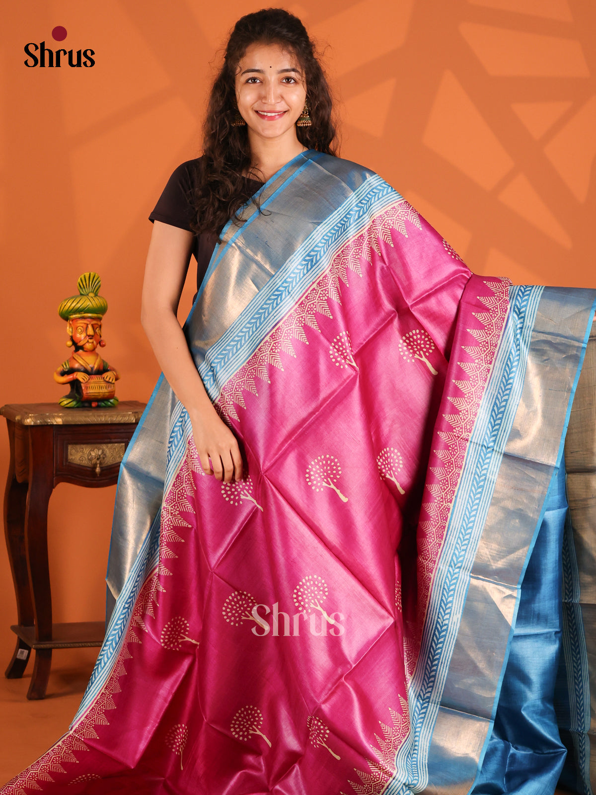 Pink & Blue - Tussar Saree - Shop on Shrus.com