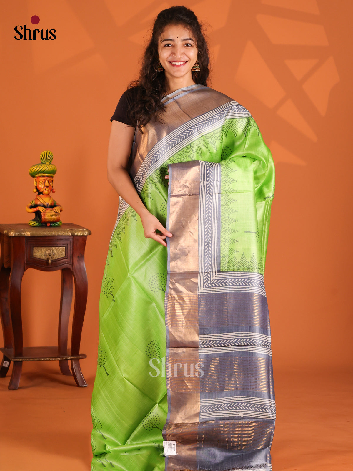 Light Green & Grey- Tussar Saree - Shop on Shrus.com