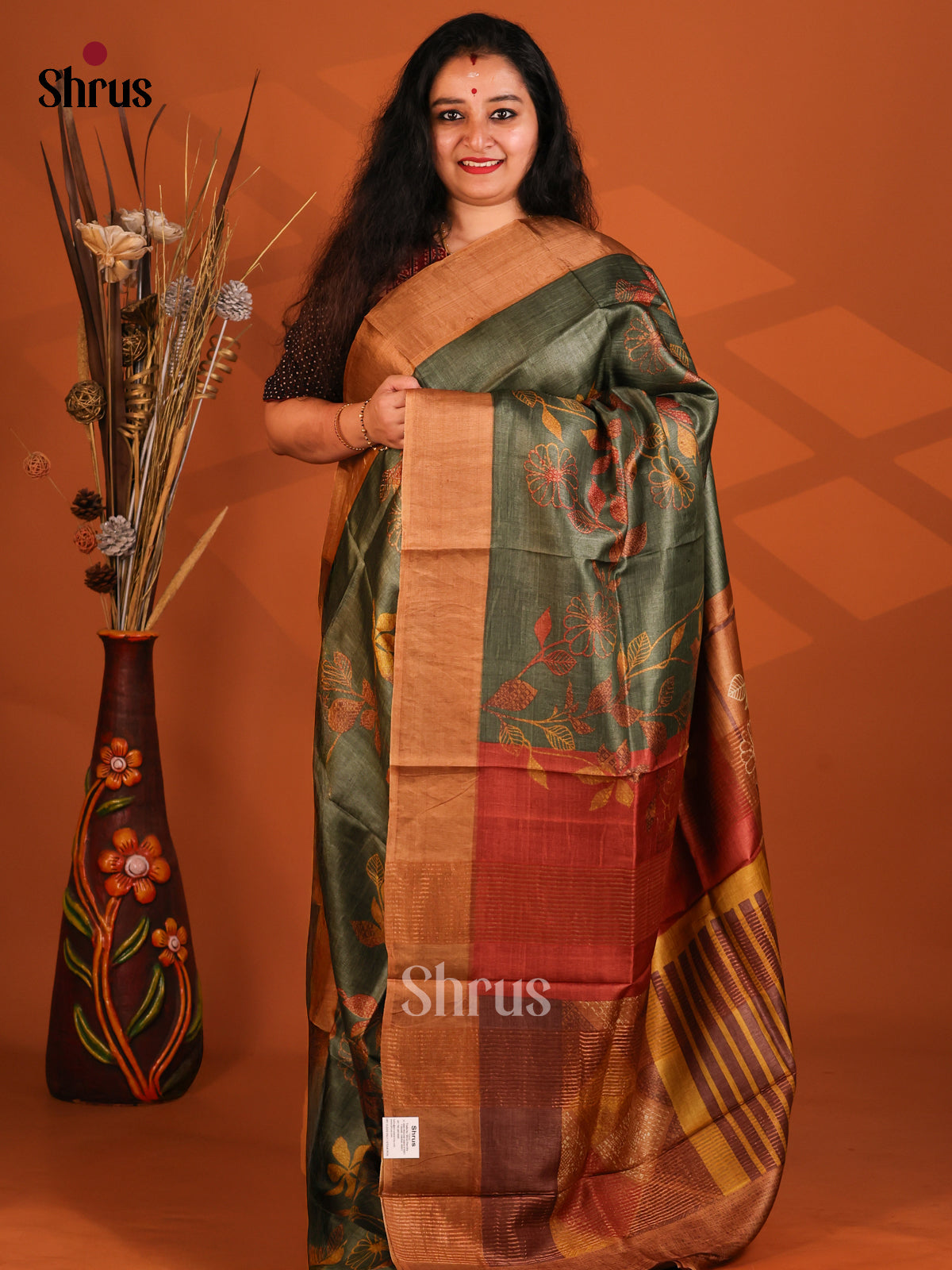 Green & Brown - Tussar Saree - Shop on Shrus.com