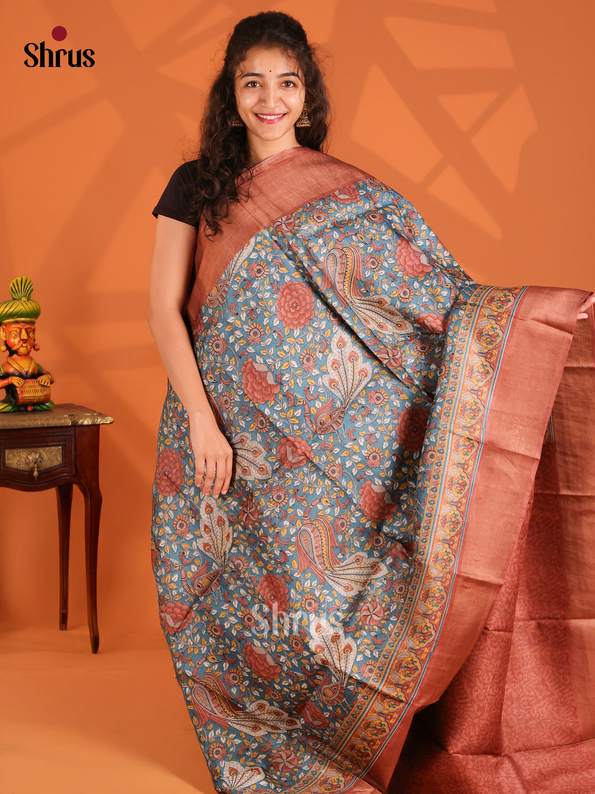 Blue & Brown- Tussar Saree - Shop on Shrus.com