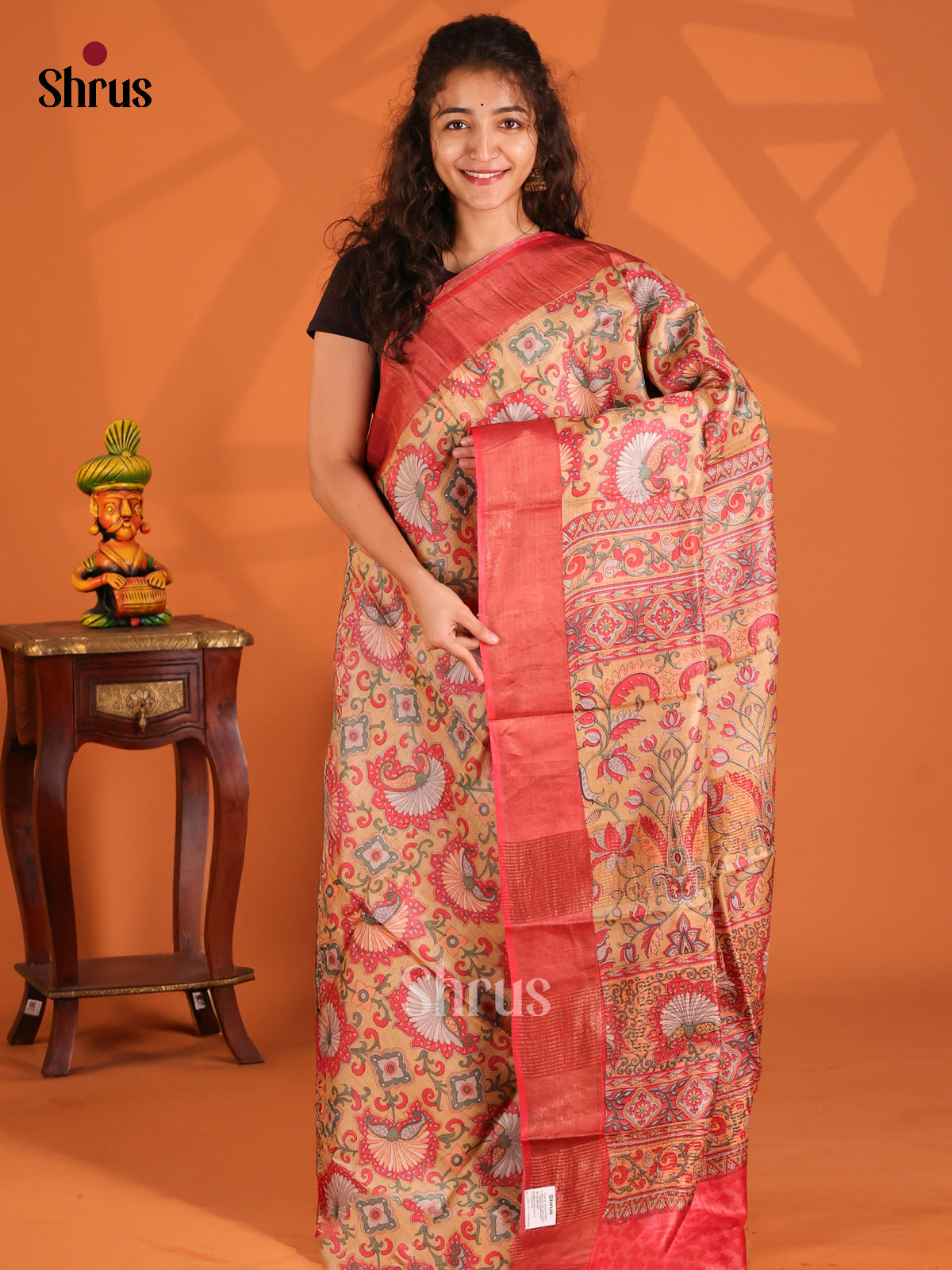 Beige & Red- Tussar Saree - Shop on Shrus.com