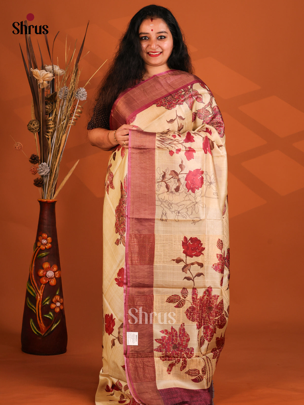 Cream & Pink- Tussar Saree - Shop on Shrus.com