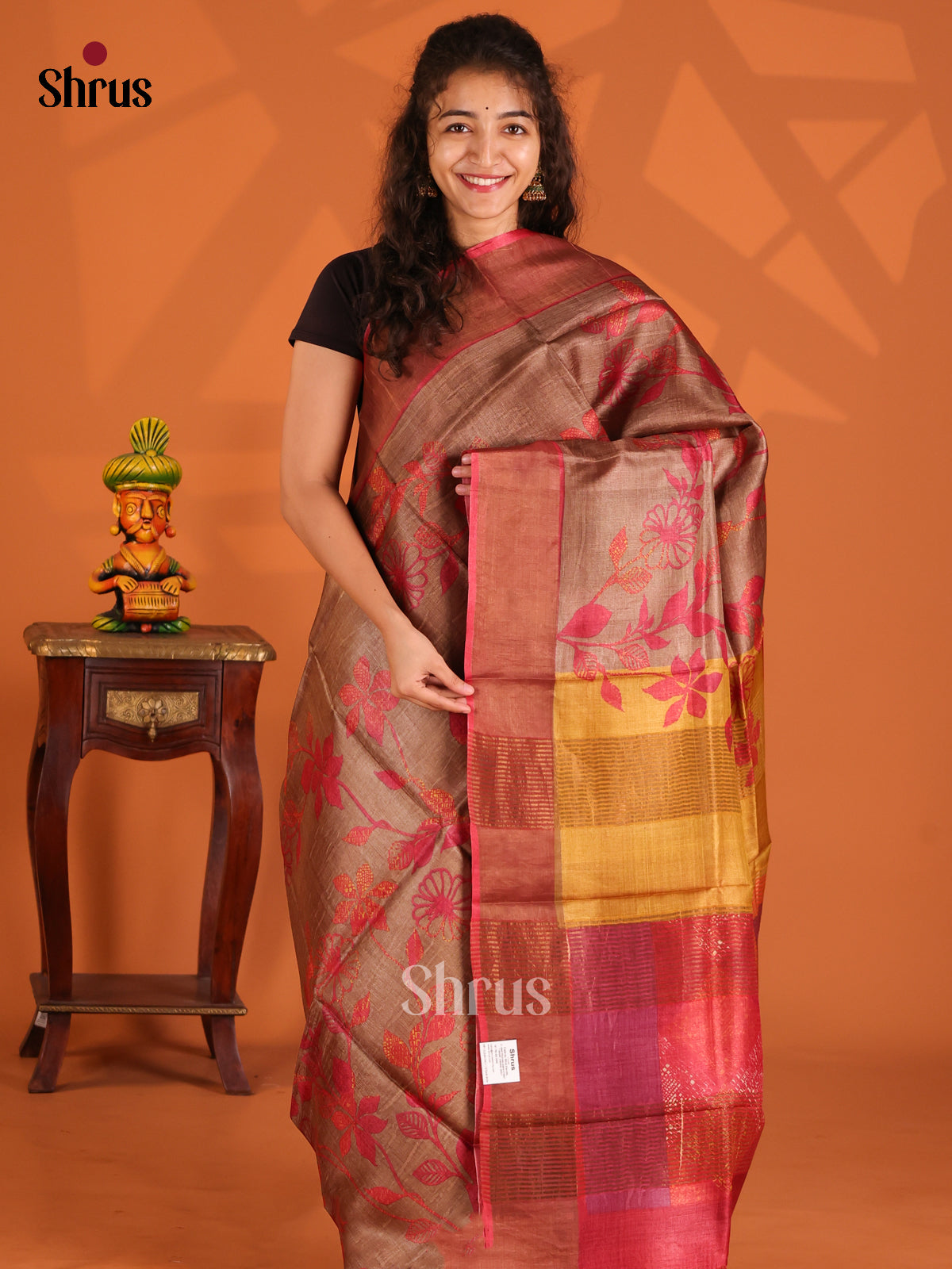 Grey & Red - Tussar Saree - Shop on Shrus.com