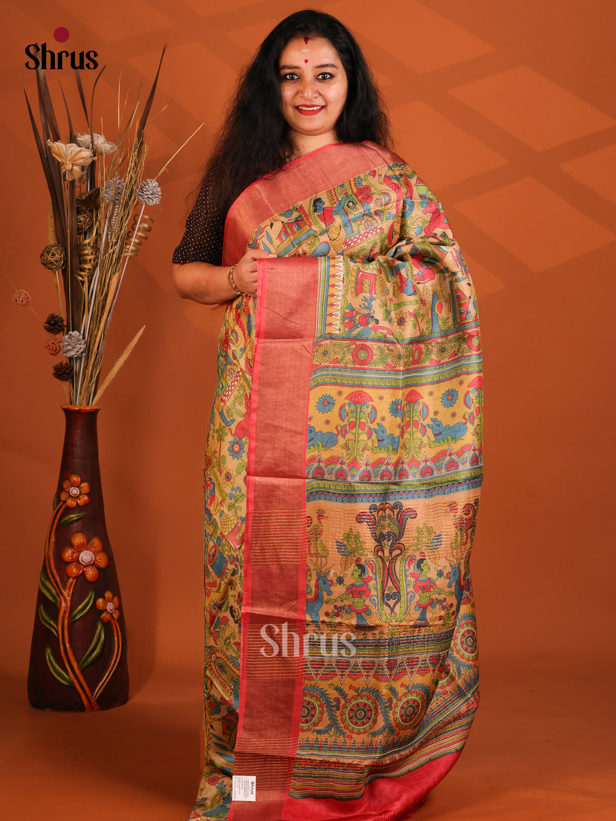 Mustard & Red - Tussar Saree - Shop on Shrus.com