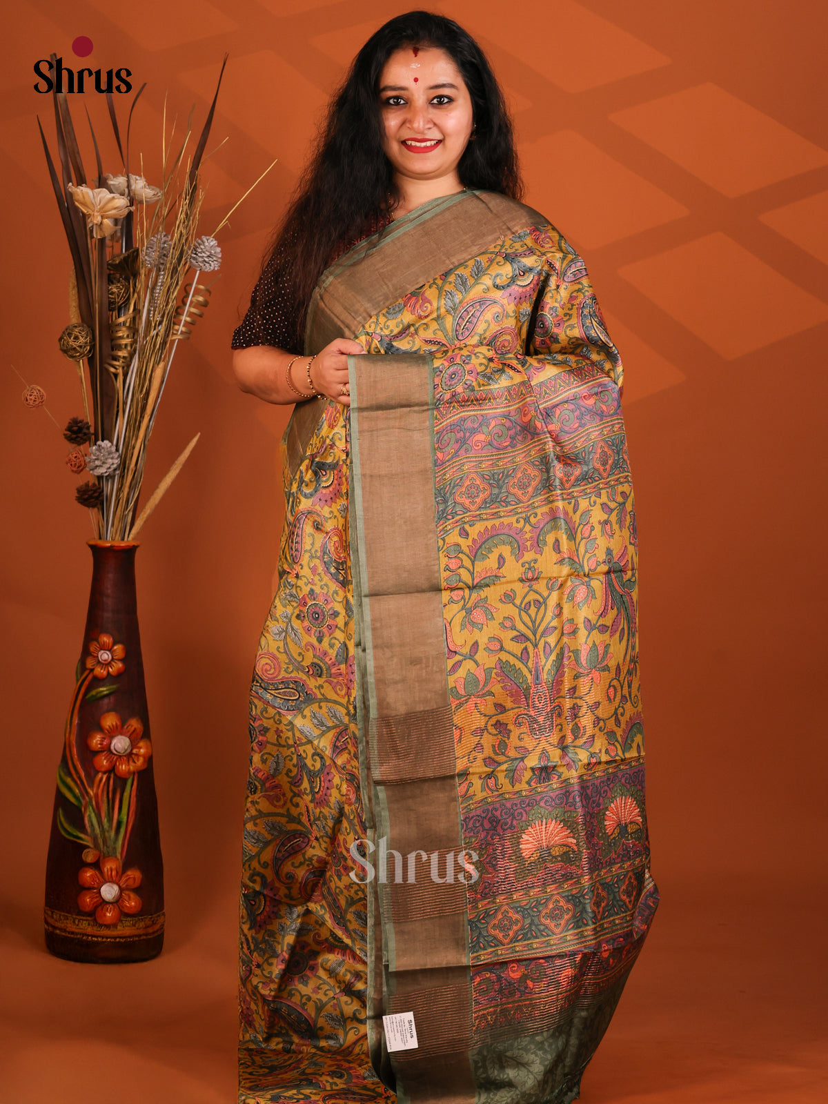 Mustard & Grey Green - Tussar Saree - Shop on Shrus.com