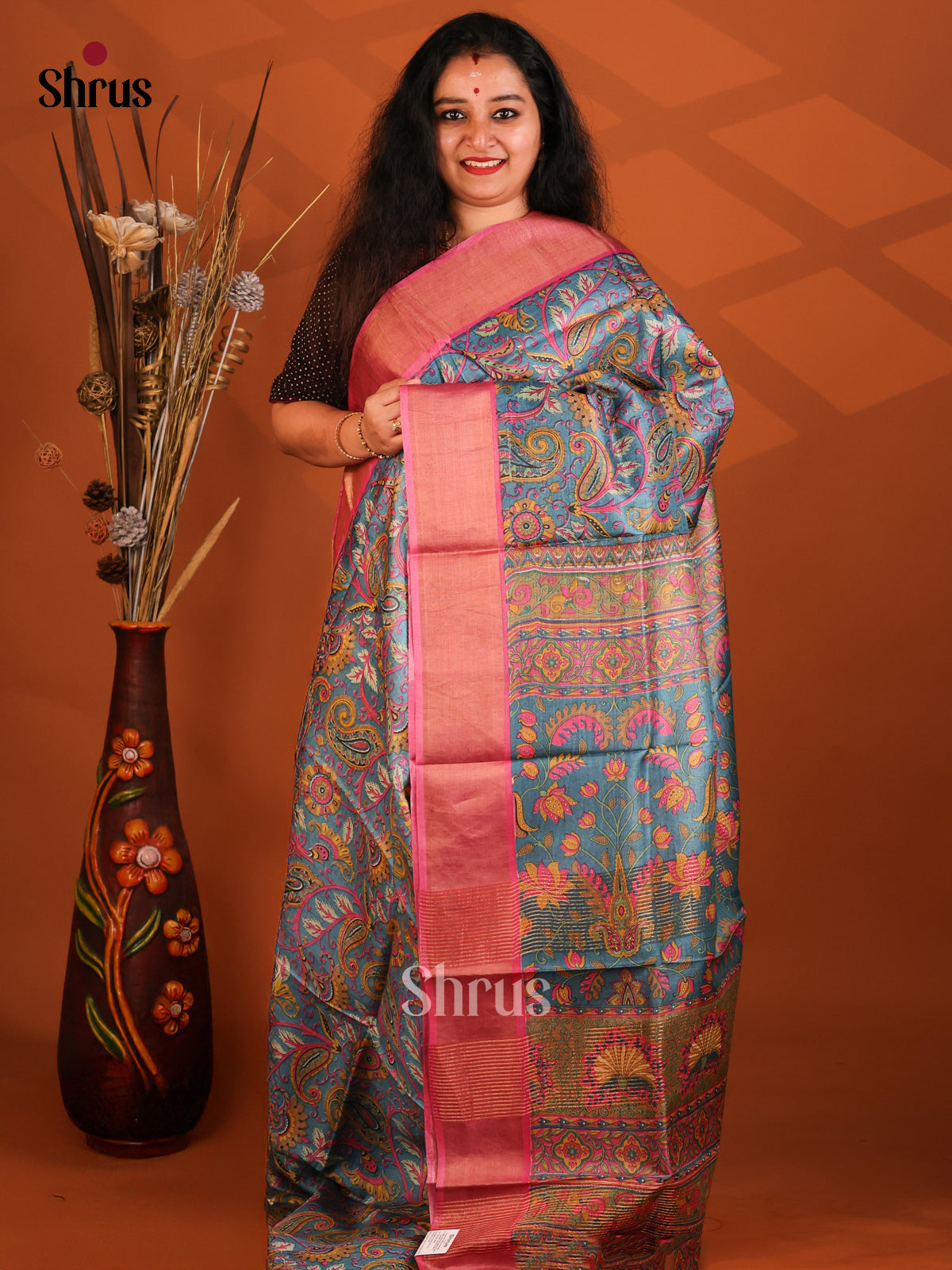 Blue & Pink - Tussar Saree - Shop on Shrus.com