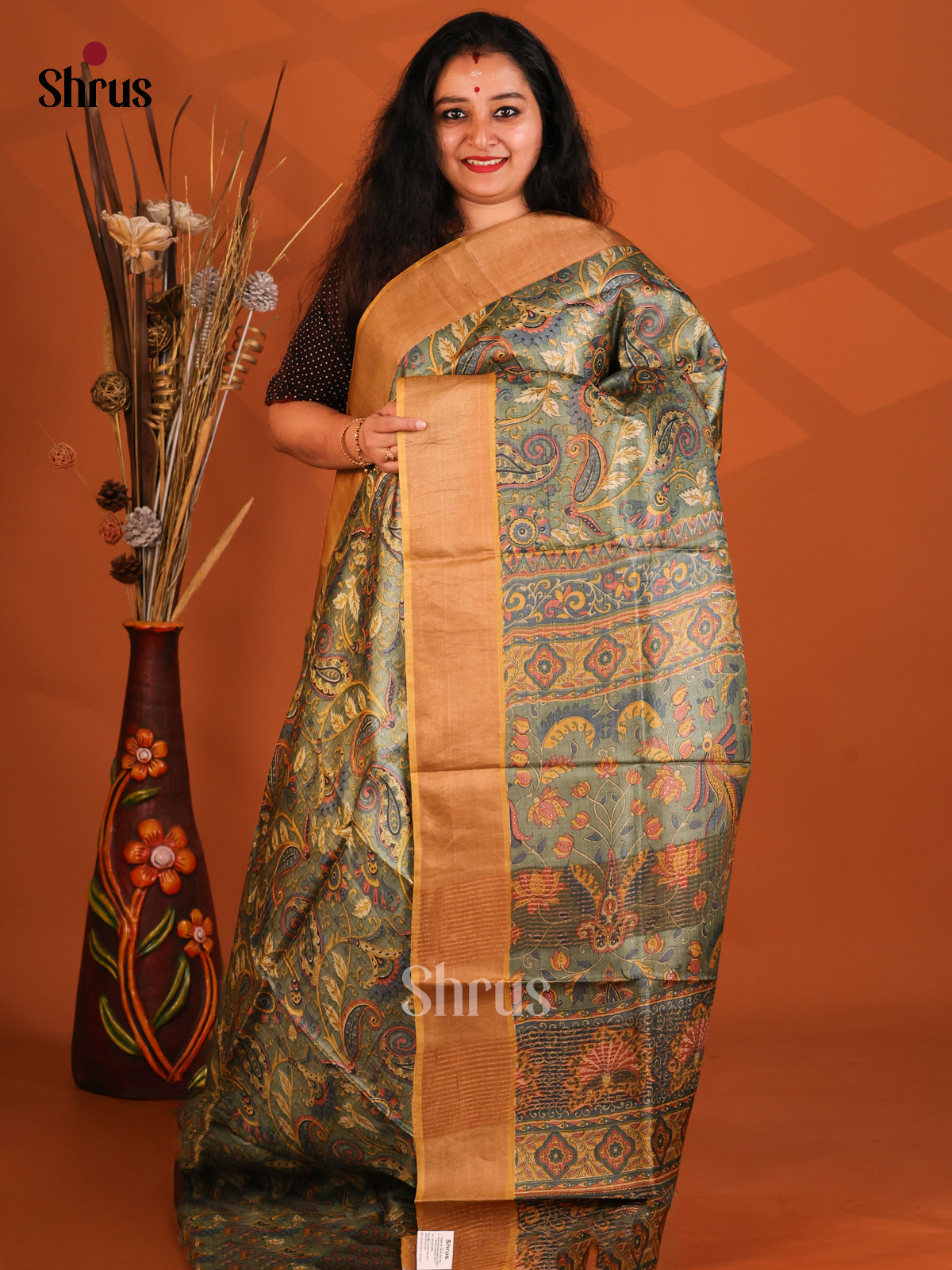 Grey & Mustard- Tussar Saree - Shop on Shrus.com