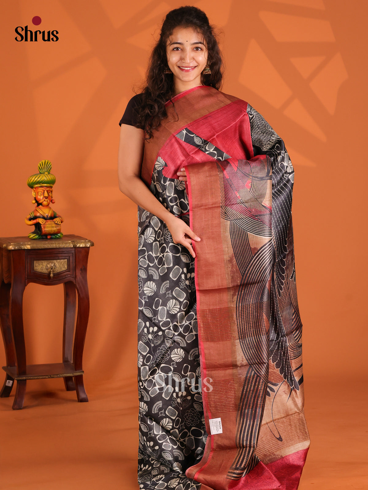 Black & Red- Tussar Saree - Shop on Shrus.com