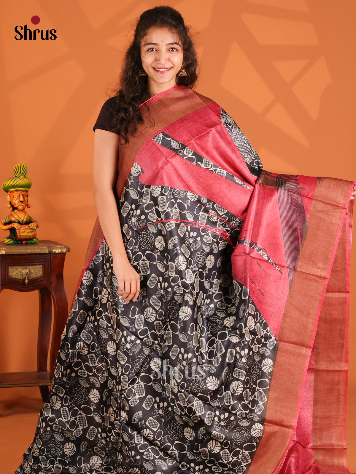 Black & Red- Tussar Saree - Shop on Shrus.com