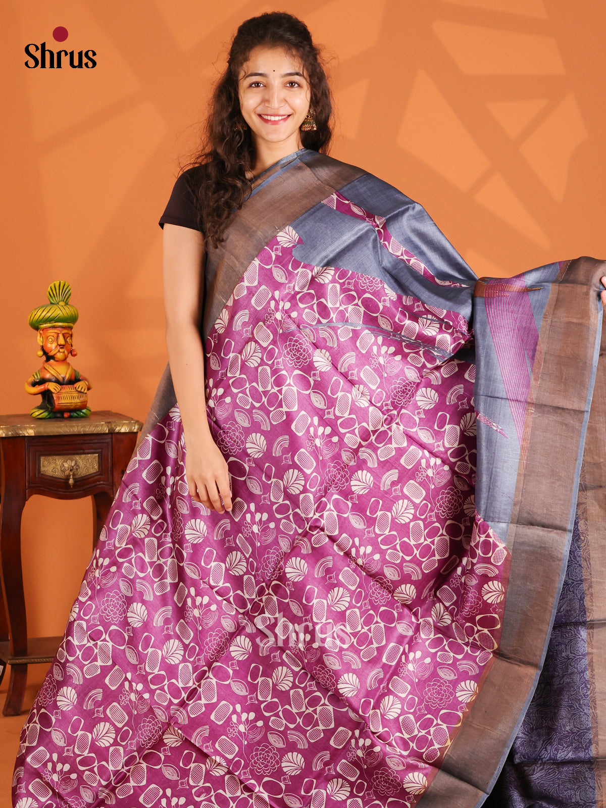 Purple & Grey - Tussar Saree - Shop on Shrus.com