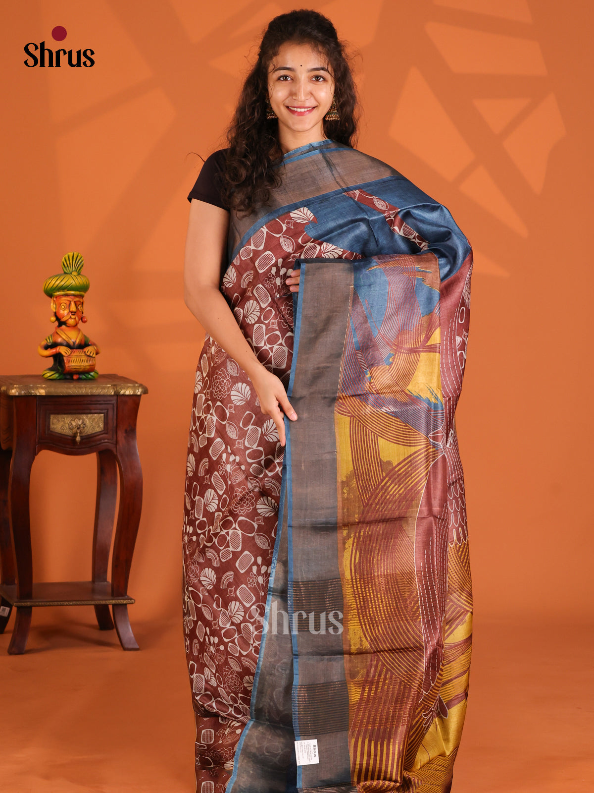 Brown & Blue- Tussar Saree - Shop on Shrus.com