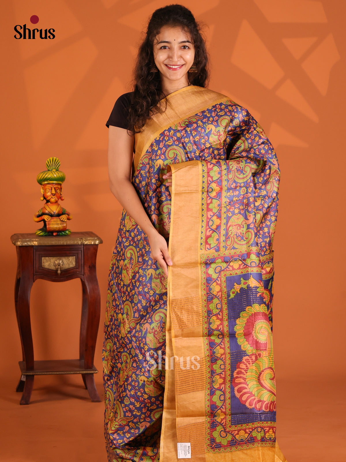 Blue & Mustard - Tussar Saree - Shop on Shrus.com