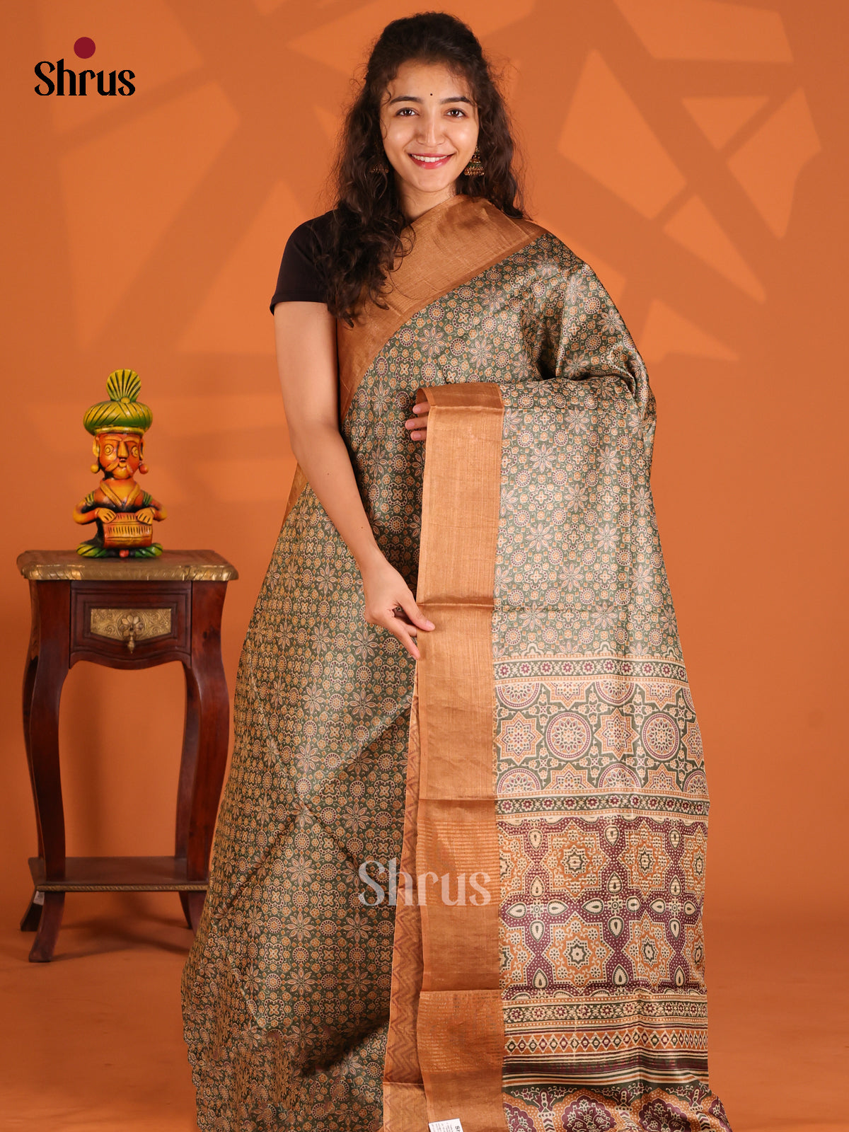 Green & Brown- Tussar Saree - Shop on Shrus.com