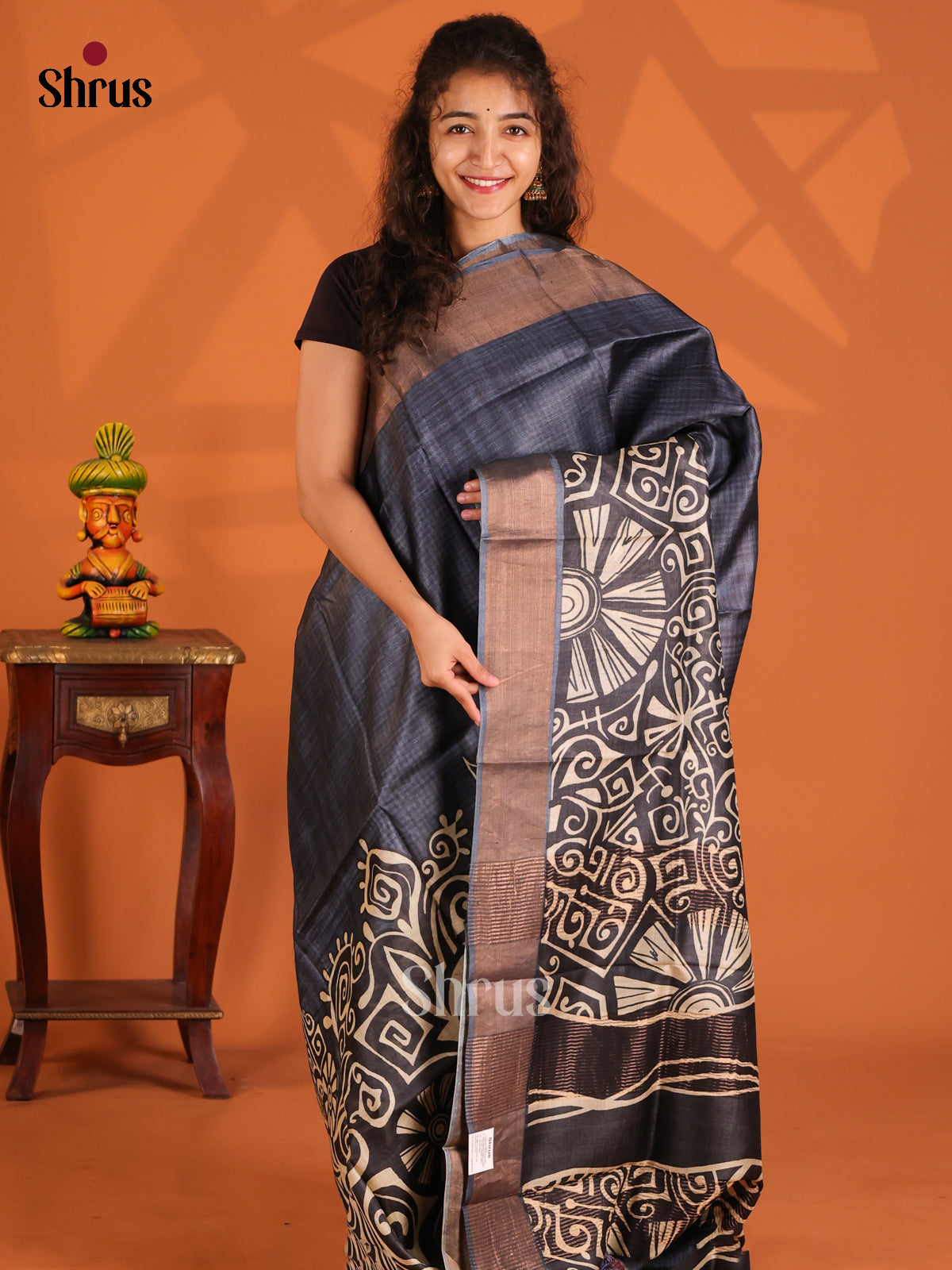 Elephant Grey & Black - Tussar Saree