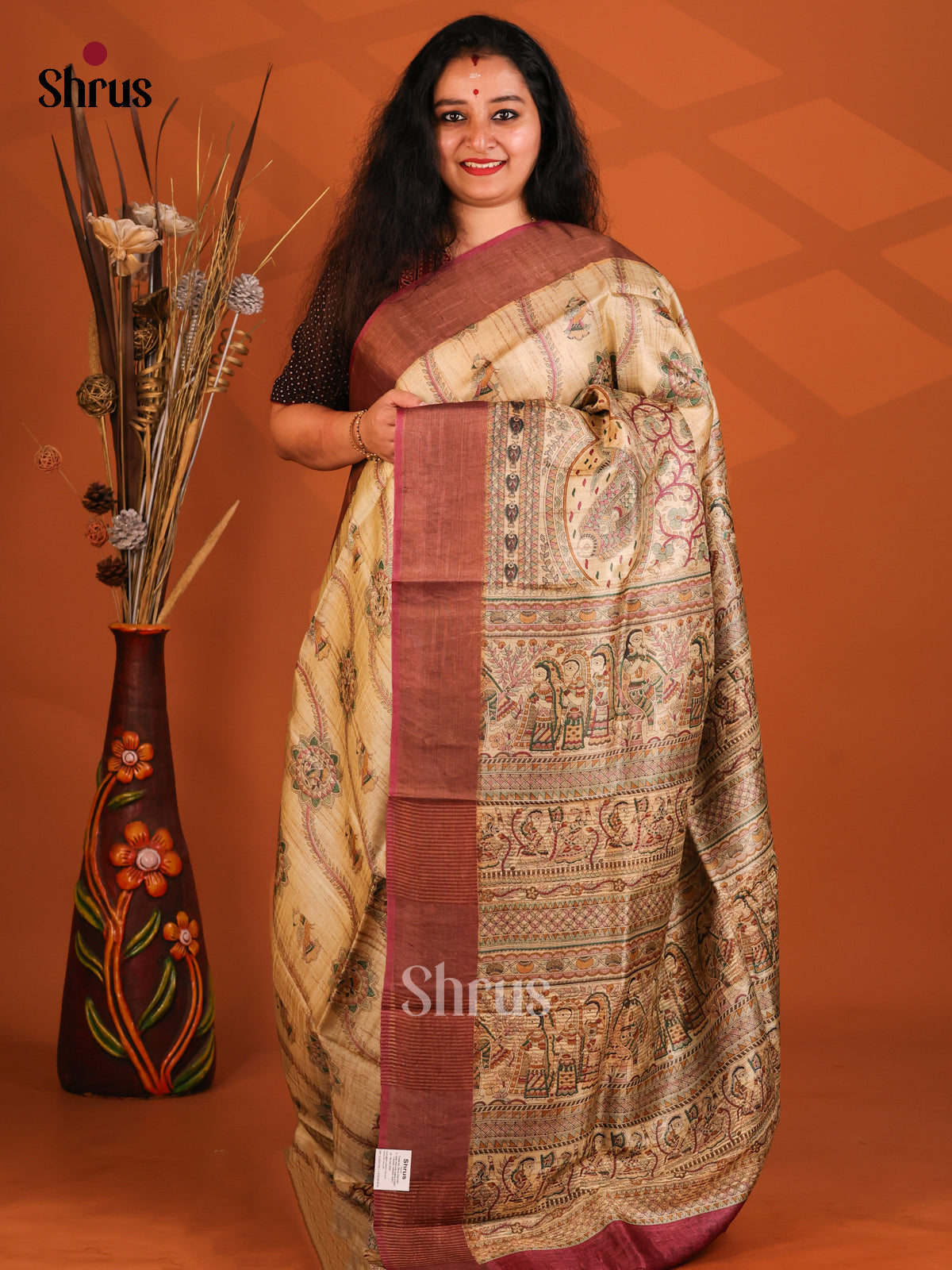 Cream &  Maroon - Tussar Saree - Shop on Shrus.com