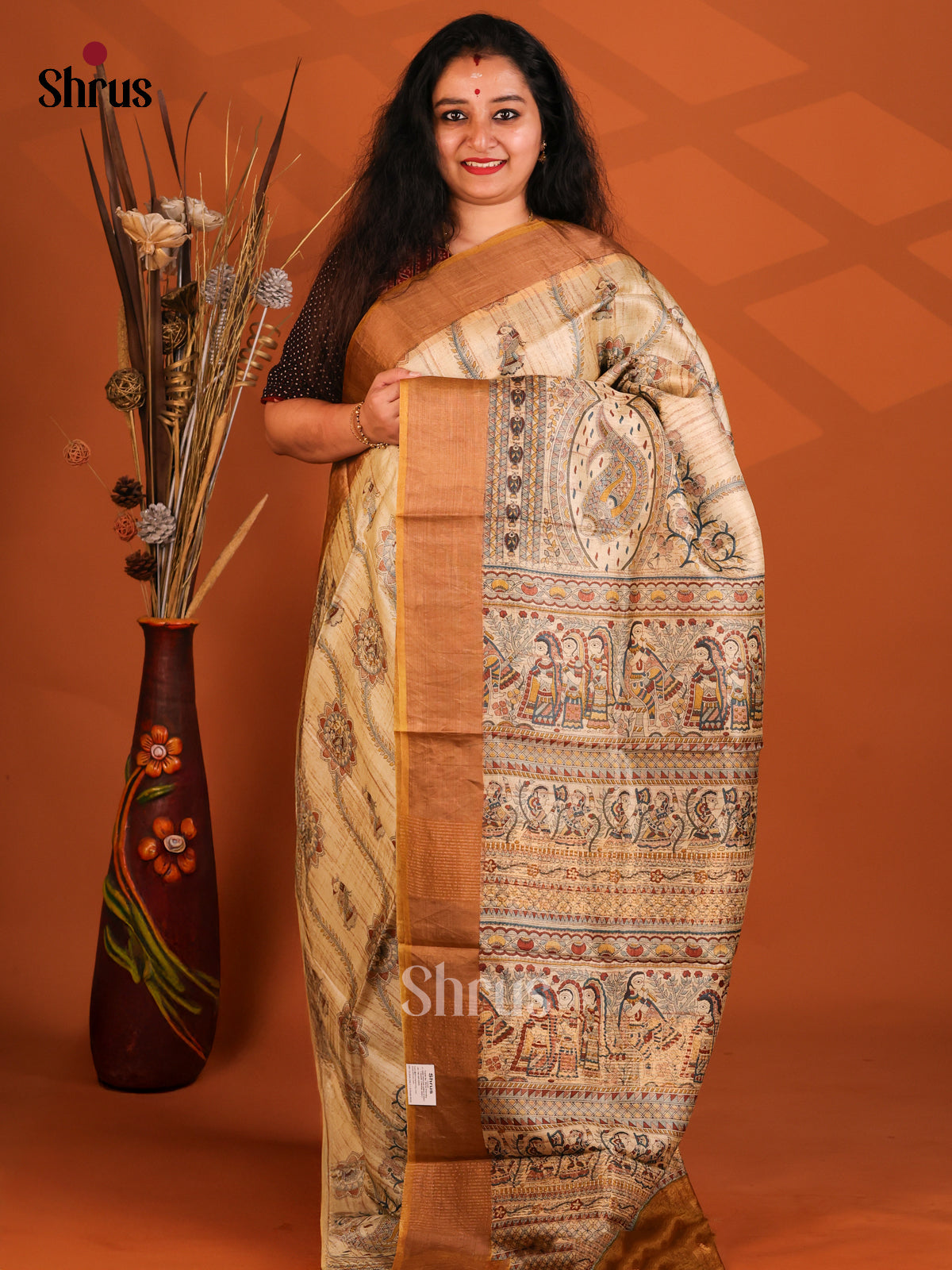 Cream & Mustard - Tussar Saree - Shop on Shrus.com