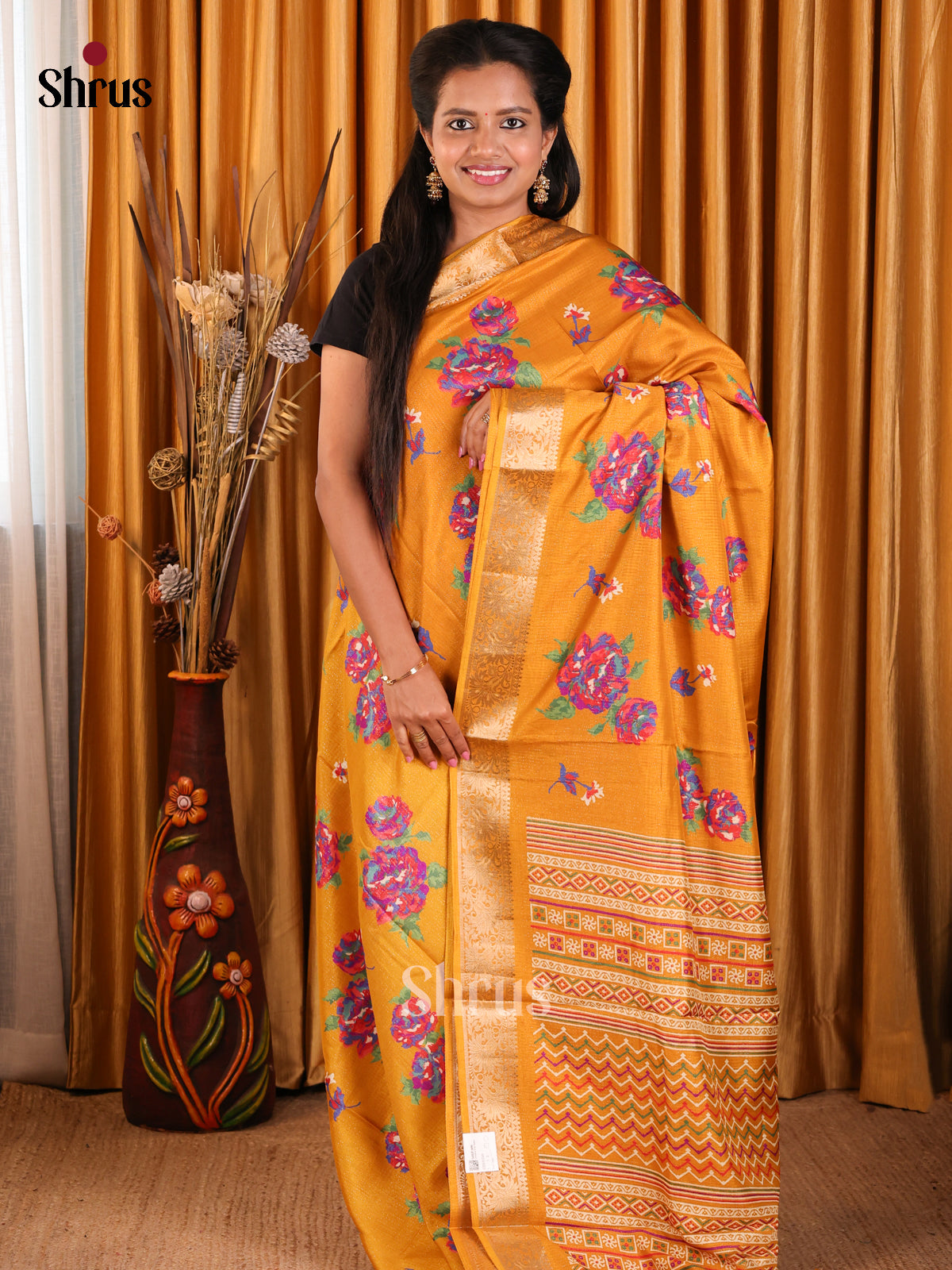 Mustard - Semi Crepe Saree - Shop on Shrus.com