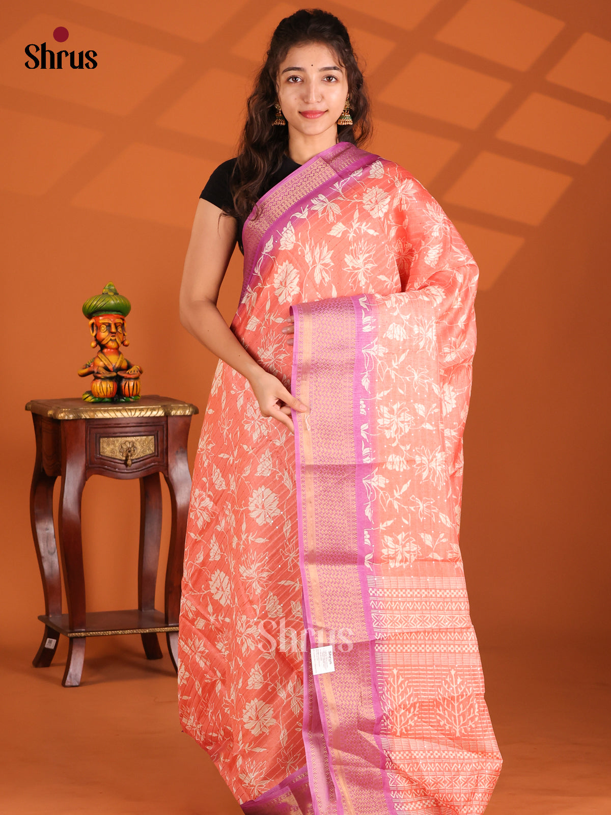 Peachish Pink & Purple - Semi Crepe Saree - Shop on Shrus.com