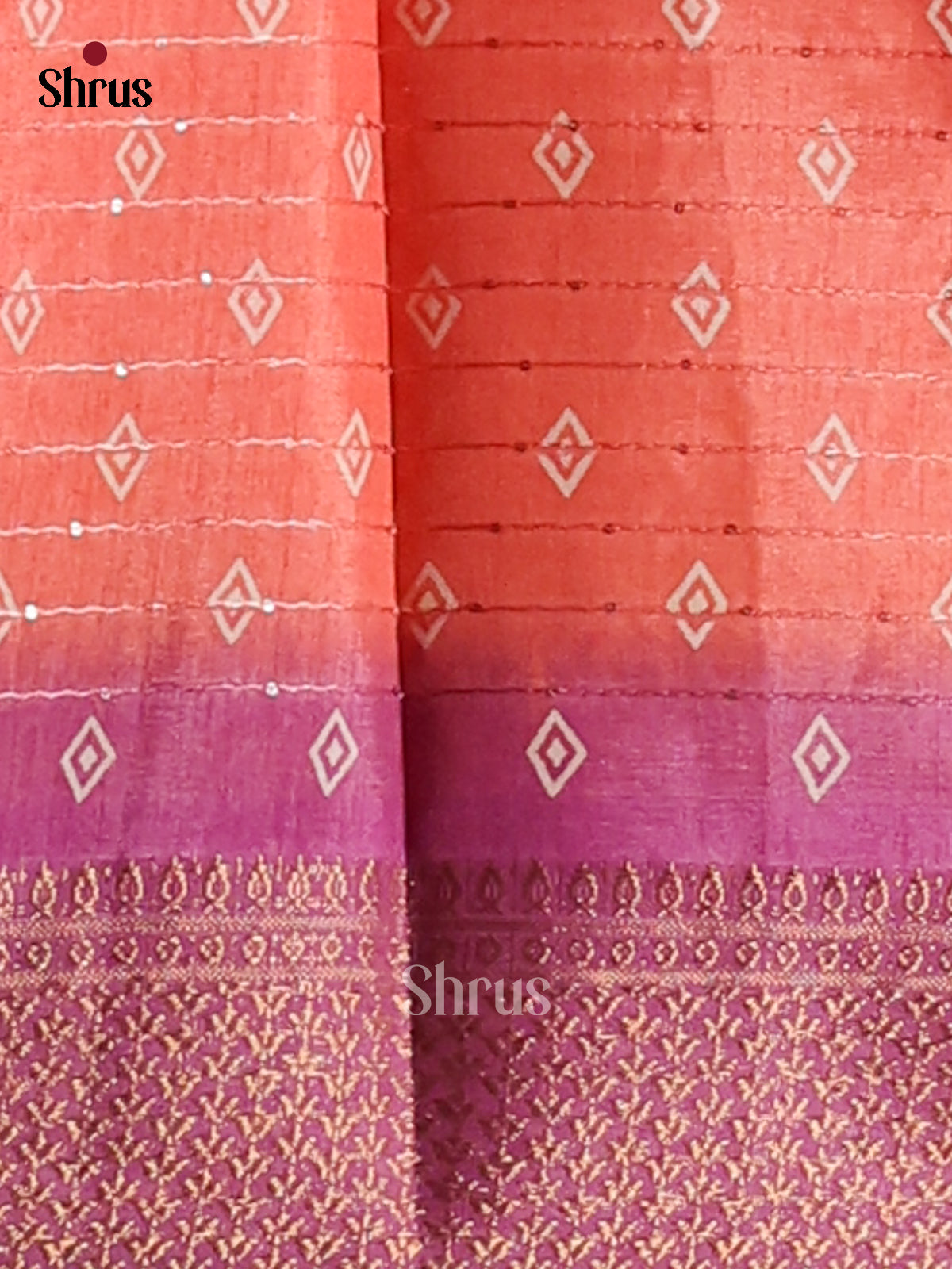 Peachish Pink & Purple - Semi Crepe Saree - Shop on Shrus.com