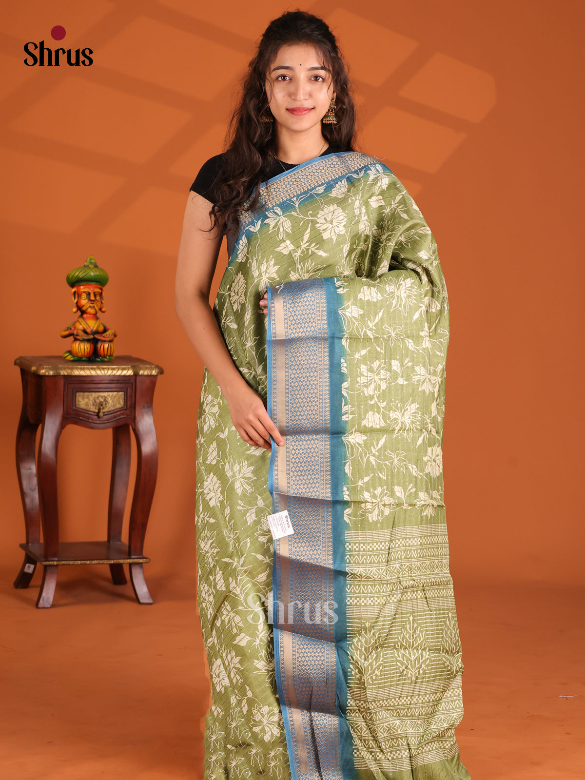 Mint Green & Blue - Semi Crepe Saree - Shop on Shrus.com