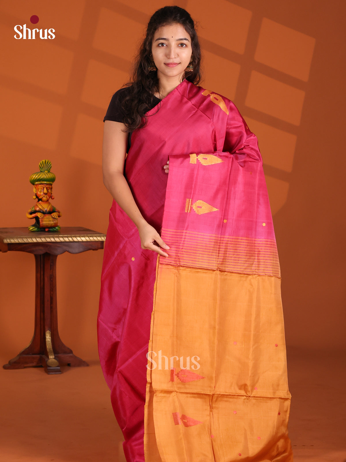 Pink & Orange- Banana Pith Saree - Shop on Shrus.com