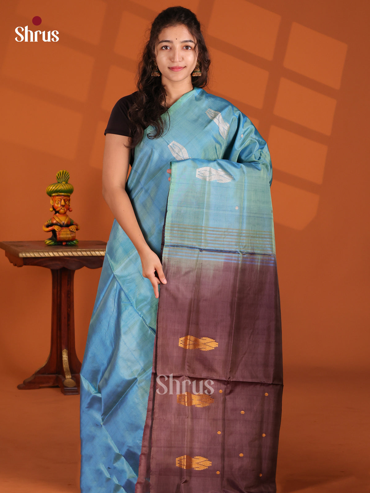 Blue & Brown- Banana Pith Saree - Shop on Shrus.com