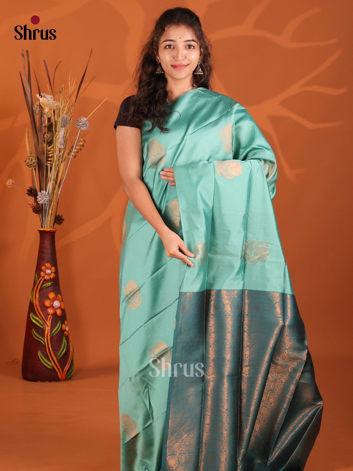 Teal Green & Blue - Semi Softsilk Saree - Shop on Shrus.com