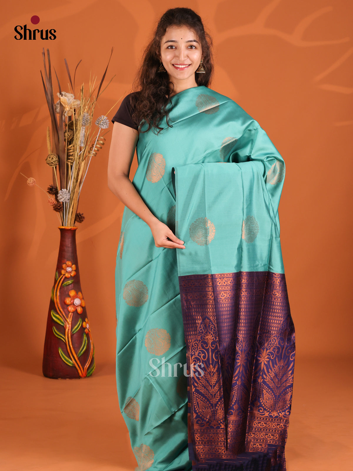 Teal & Blue - Semi Softsilk Saree - Shop on Shrus.com
