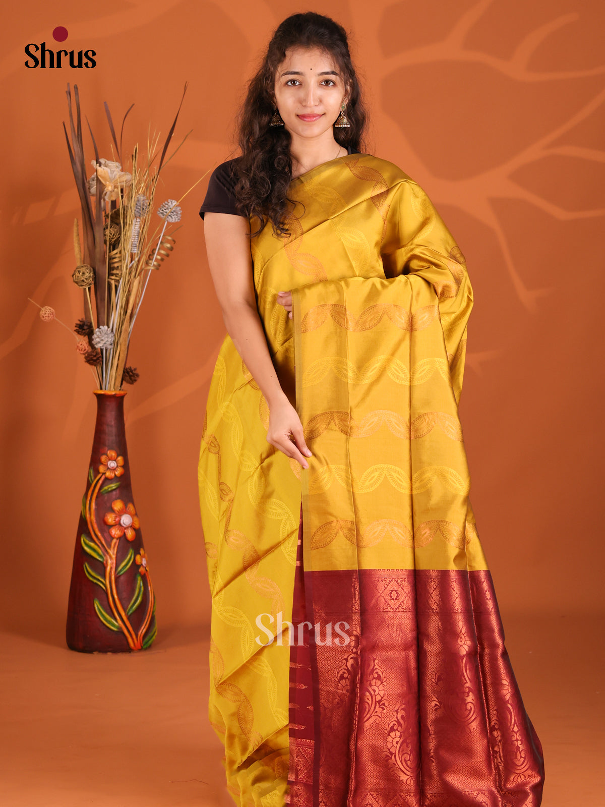 Mustardy Green & Maroon- Semi Softsilk Saree - Shop on Shrus.com