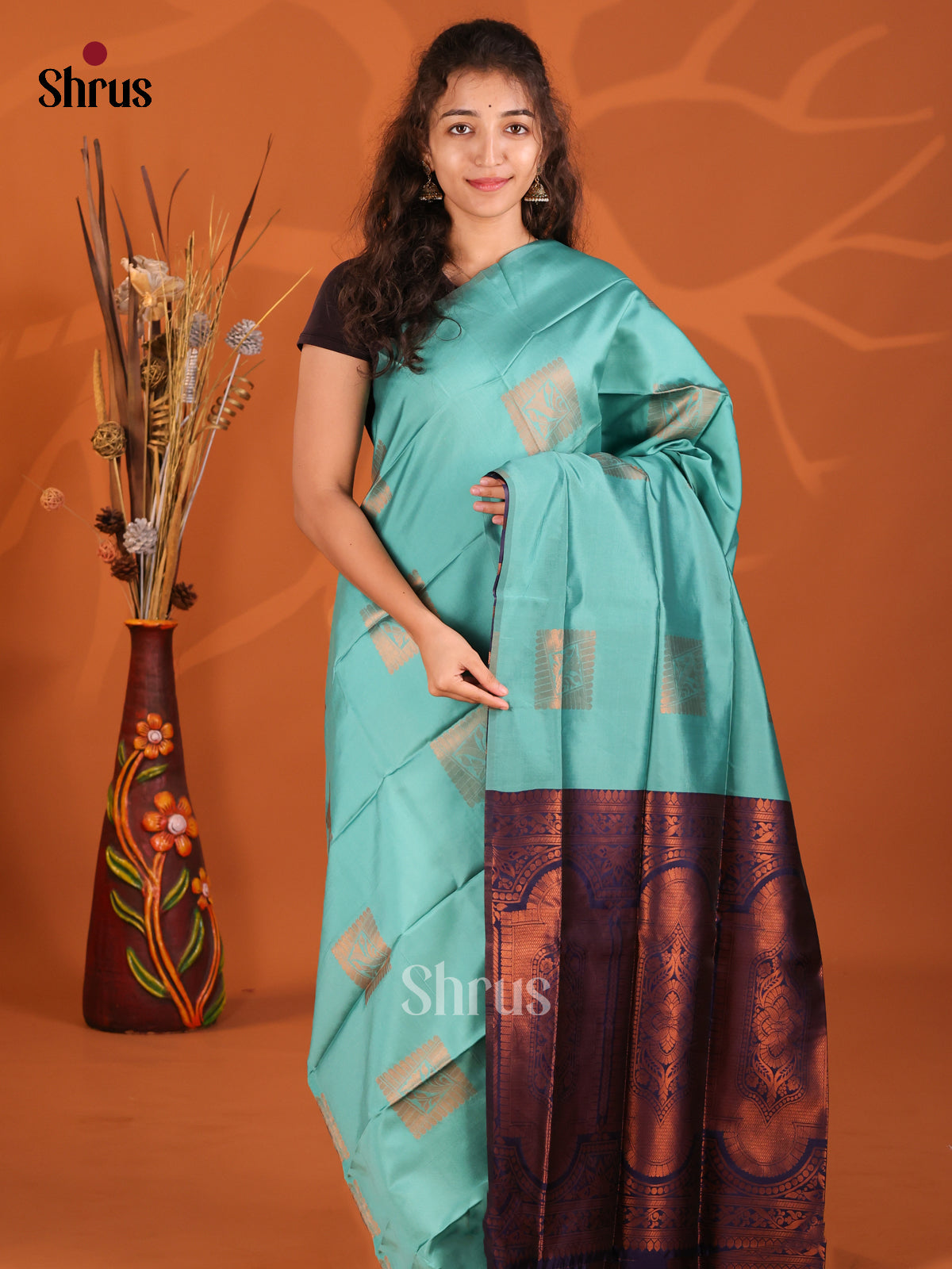 Teal  & Blue- Semi Softsilk Saree - Shop on Shrus.com