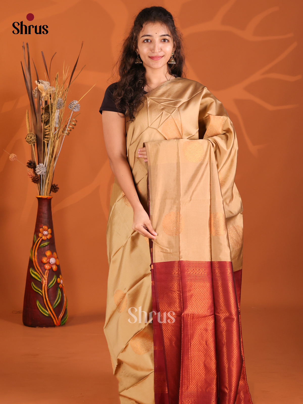 Gold & Maroon - Semi Softsilk Saree - Shop on Shrus.com