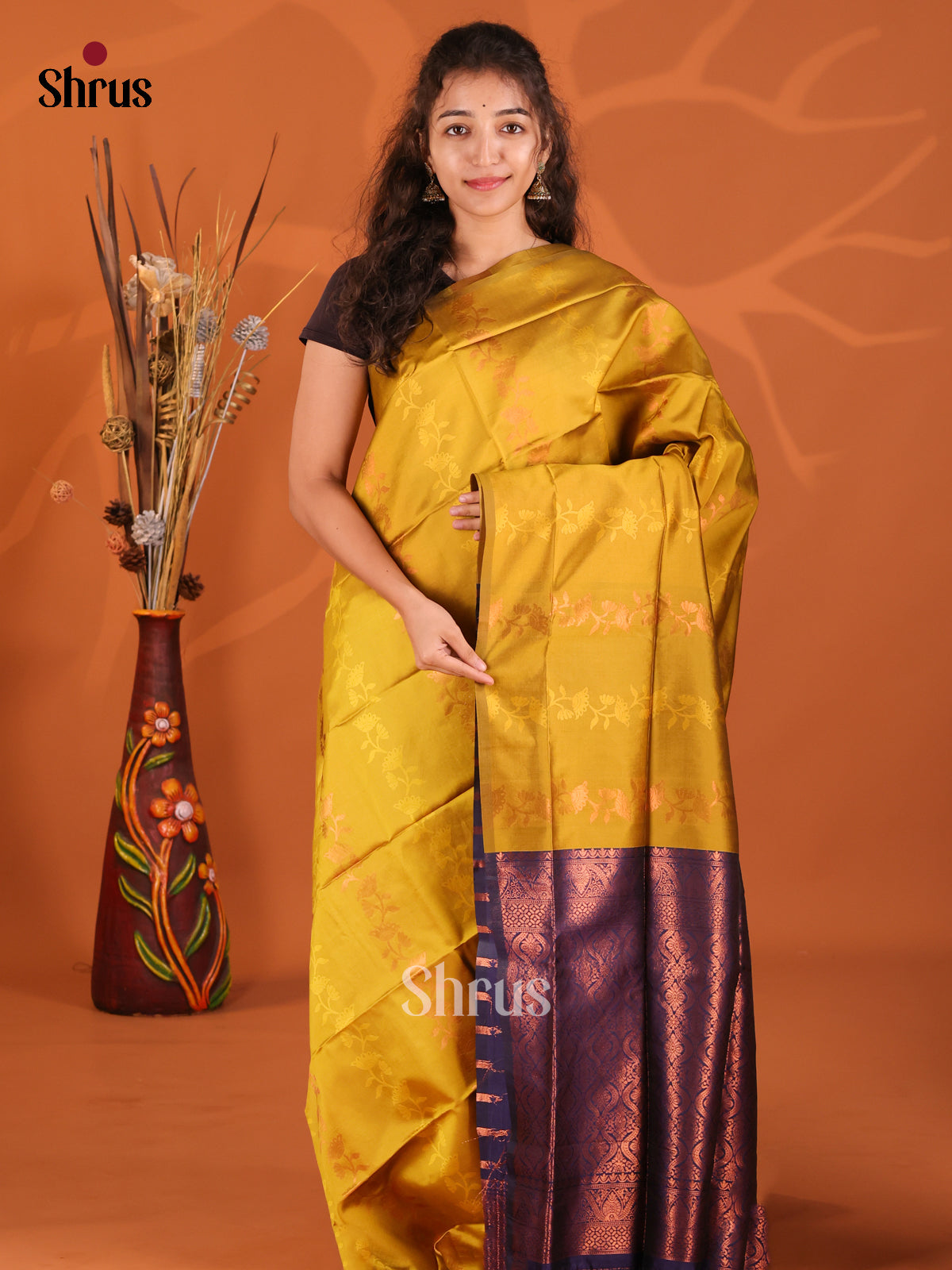 Mustardy Green & Blue - Semi Softsilk Saree - Shop on Shrus.com